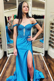 Glitter Green Mermaid Off The Shoulder Appliques Prom Dress with Slit