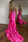 Fuchsia Mermaid Corset Spaghetti Straps Prom Dress with Slit