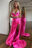 Fuchsia Mermaid Corset Spaghetti Straps Prom Dress with Slit
