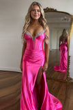 Fuchsia Mermaid Corset Spaghetti Straps Prom Dress with Slit