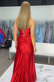 Glitter Mermaid Satin Red Prom Dress with Slit