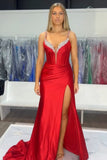 Glitter Mermaid Satin Red Prom Dress with Slit