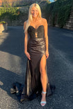 Mermaid Strapless Appliqued Satin Black Prom Dress with Slit