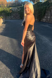 Mermaid Strapless Appliqued Satin Black Prom Dress with Slit