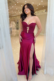 Mermaid Fuchsia Strapless Appliques Prom Dress with Slit