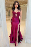 Mermaid Fuchsia Strapless Appliques Prom Dress with Slit