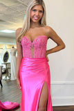 Mermaid Fuchsia Strapless Appliques Prom Dress with Slit