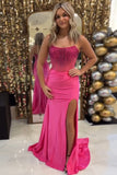 Sparkly Beaded Fuchsia Strapless Corset Slit Prom Dress