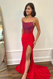 Sparkly Beaded Fuchsia Strapless Corset Slit Prom Dress