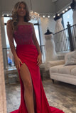 Sparkly Beaded Fuchsia Strapless Corset Slit Prom Dress