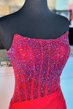 Sparkly Beaded Fuchsia Strapless Corset Slit Prom Dress
