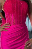 Sparkly Beaded Fuchsia Strapless Corset Slit Prom Dress