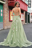 Green A Line Tulle Sequin Applique Corset Long Prom Dress with Slit