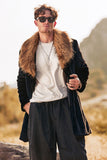 Men's Fluffy Black Shawl Lapel Faux Fur Long Coat