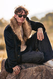 Men's Fluffy Black Shawl Lapel Faux Fur Long Coat