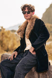 Men's Fluffy Black Shawl Lapel Faux Fur Long Coat