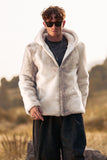 Ivory Faux Fur Hoodie Men's Coat with Zipper