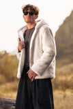 Ivory Faux Fur Hoodie Men's Coat with Zipper