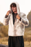 Ivory Faux Fur Hoodie Men's Coat with Zipper