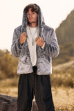 Grey Midi Men's Shearling Coat with Hooded