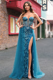 Peacock Blue Mermaid Streamer Strapless Corset Long Prom Dress with Slit