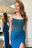 Sparkly Blue Beaded Corset Mermaid Strapless Prom Dress with Slit