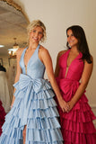 Blue Bow Corset Tiered A Line V Neck Prom Dress with Slit