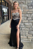 Black Beaded Corset Spaghetti Straps Long Prom Dress with Slit