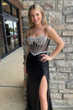 Black Beaded Corset Spaghetti Straps Long Prom Dress with Slit