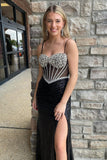 Black Beaded Corset Spaghetti Straps Long Prom Dress with Slit