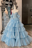 Sparkly Blue Corset Tiered Beaded Off The Shoulder Prom Dress