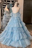 Sparkly Blue Corset Tiered Beaded Off The Shoulder Prom Dress