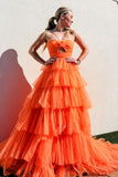 Orange Hollow-out Tiered A Line Tulle Prom Dress
