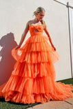 Orange Hollow-out Tiered A Line Tulle Prom Dress