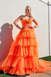 Orange Hollow-out Tiered A Line Tulle Prom Dress