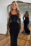 Black Mermaid Print Corset Spaghetti Straps Prom Dress
