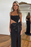 Glitter Black Bow Hollow-out Slit Prom Dress with Beading