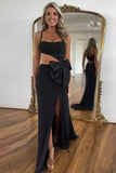 Glitter Black Bow Hollow-out Slit Prom Dress with Beading