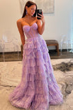 Sparkly Purple Corset Tiered Sequins Strapless Prom Dress