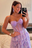 Sparkly Purple Corset Tiered Sequins Strapless Prom Dress