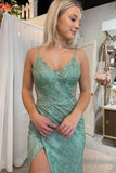 Glitter Green Appliques Hollow-out Prom Dress with Slit