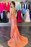 Sparkly Beaded Orange Mermaid Spaghetti Straps Satin Long Prom Dress