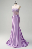 Lilac Mermaid Corset Tight Strapless Prom Dress with Beaded