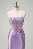 Lilac Mermaid Corset Tight Strapless Prom Dress with Beaded