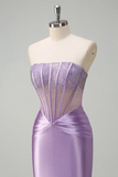 Lilac Mermaid Corset Tight Strapless Prom Dress with Beaded