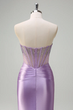 Lilac Mermaid Corset Tight Strapless Prom Dress with Beaded