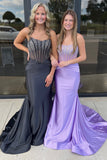 Mermaid Strapless Beaded Satin Black Prom Dress