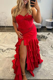 Red Strapless Corset Mermaid Long Prom Dress with Ruffles and Slit