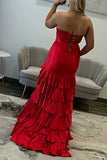 Red Strapless Corset Mermaid Long Prom Dress with Ruffles and Slit