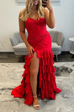 Red Strapless Corset Mermaid Long Prom Dress with Ruffles and Slit